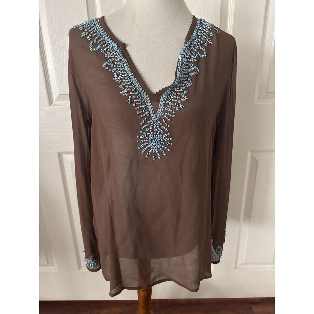 Pow Wow Top Sz 12 Brown 100% Silk Chiffon Beaded Tunic Boho Festival